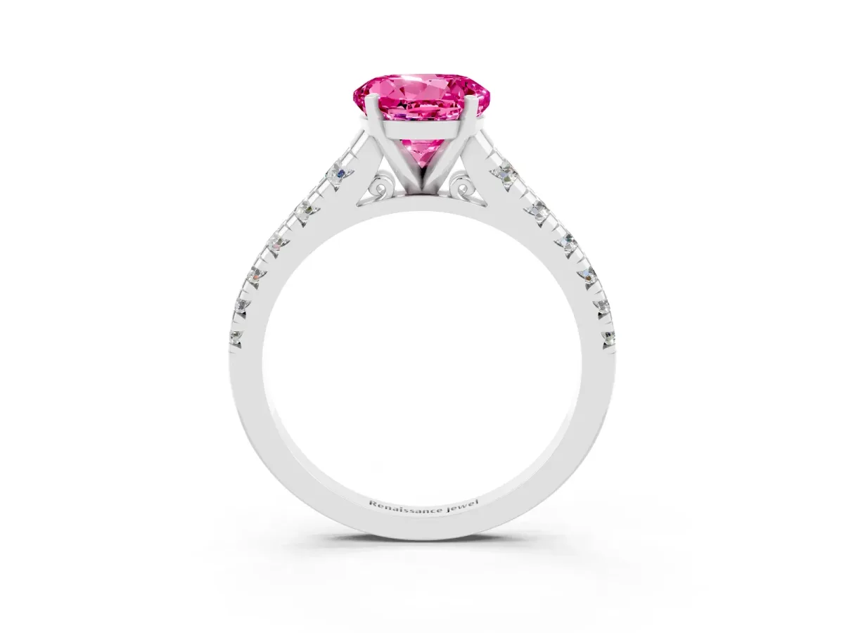 Round Cut Pink Sapphire Cathedral Solitaire Ring with Round Pavé Band Silver