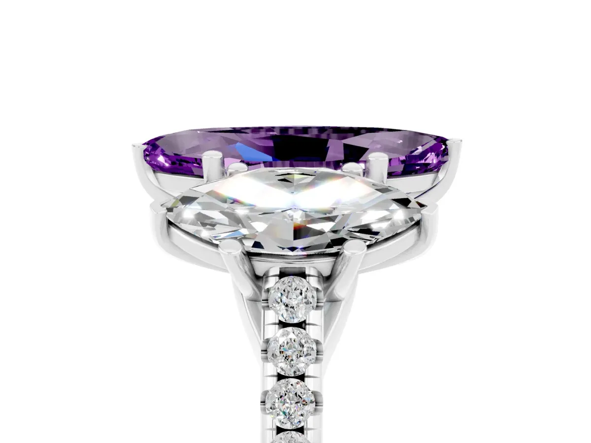 Three-Stone Marquise Cut Amethyst Ring with Round Pavé Band and Prong Setting Platinum