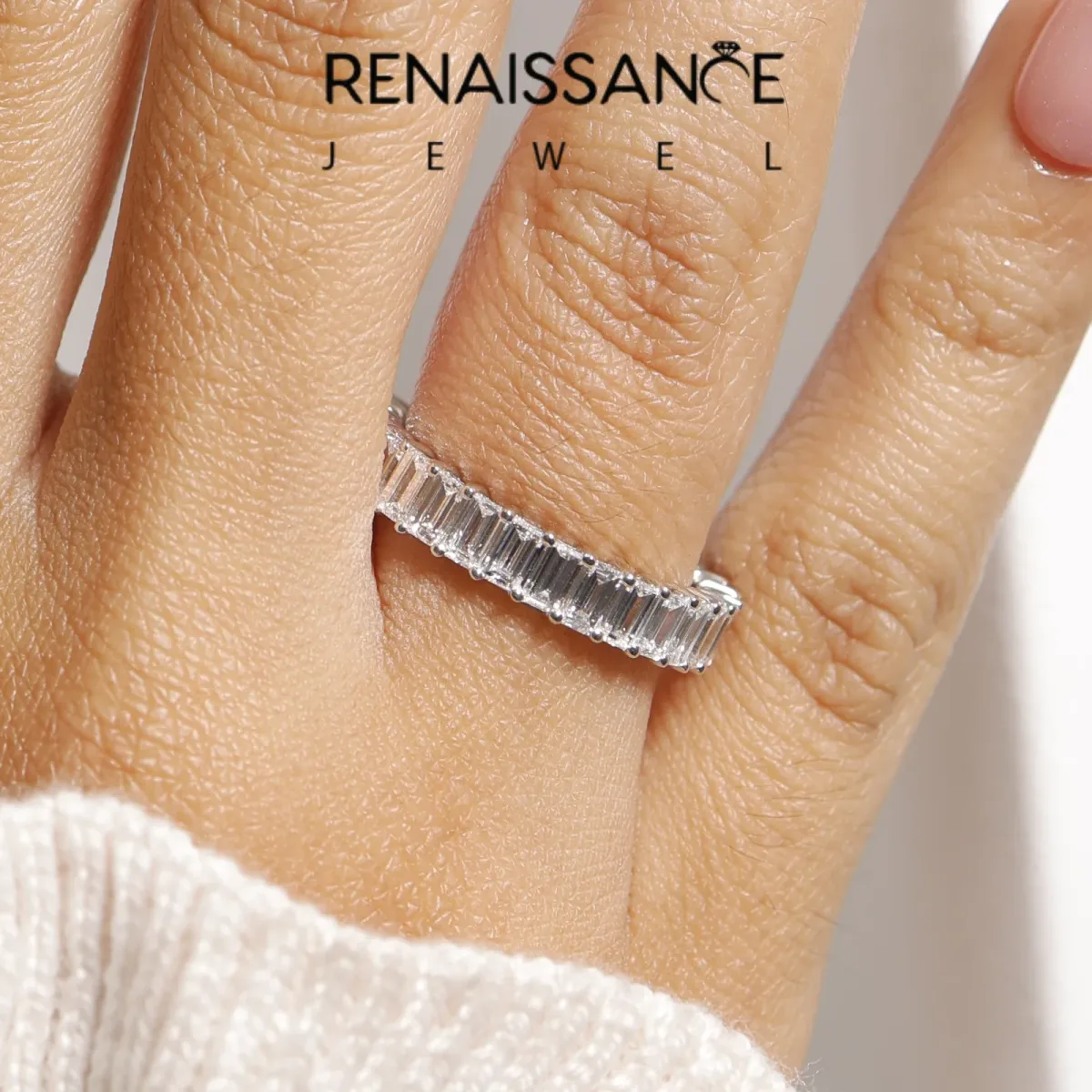 Baguette Cut Eternity Band with Shared Prong Setting White gold