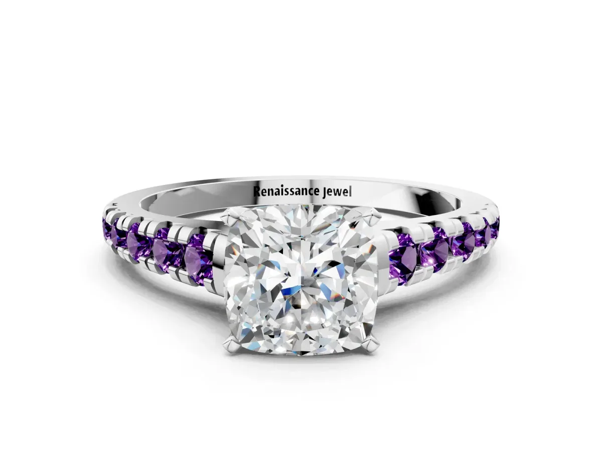 Cushion Cut Diamond Cathedral Solitaire Ring with Round Amethyst Pavé Band Silver
