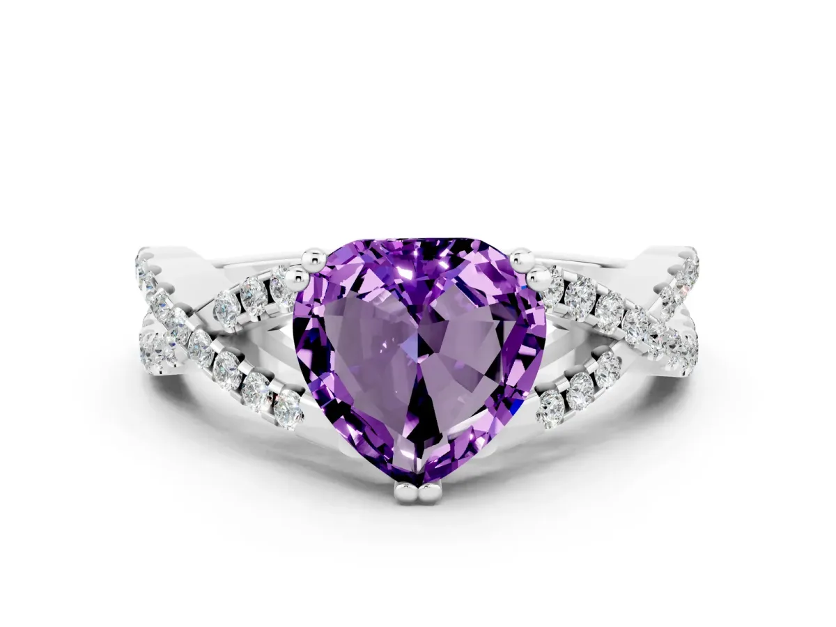 Heart Cut Amethyst Solitaire Ring with Four-Prong Setting and Twisted Pavé Band Silver