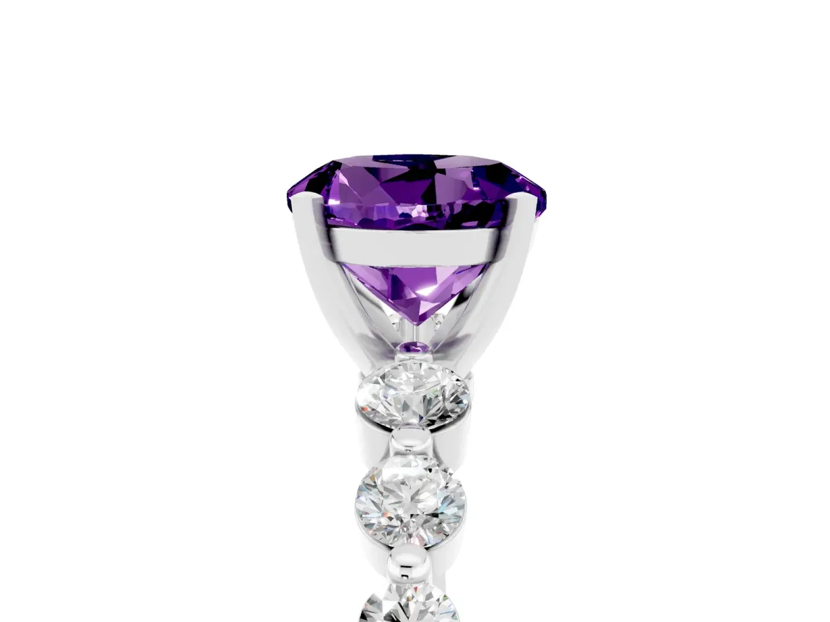 Round Cut Solitaire Amethyst Ring with Pave Band and Four-Prong Setting Silver