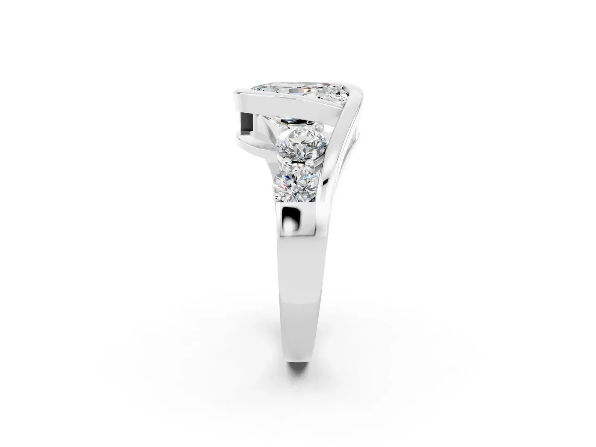 Bezel Set Oval Cut Moissanite Bypass Ring with Round Accents Silver