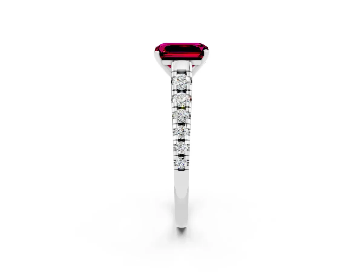 Emerald Cut Garnet Cathedral Solitaire Ring with Round Pavé Band Silver