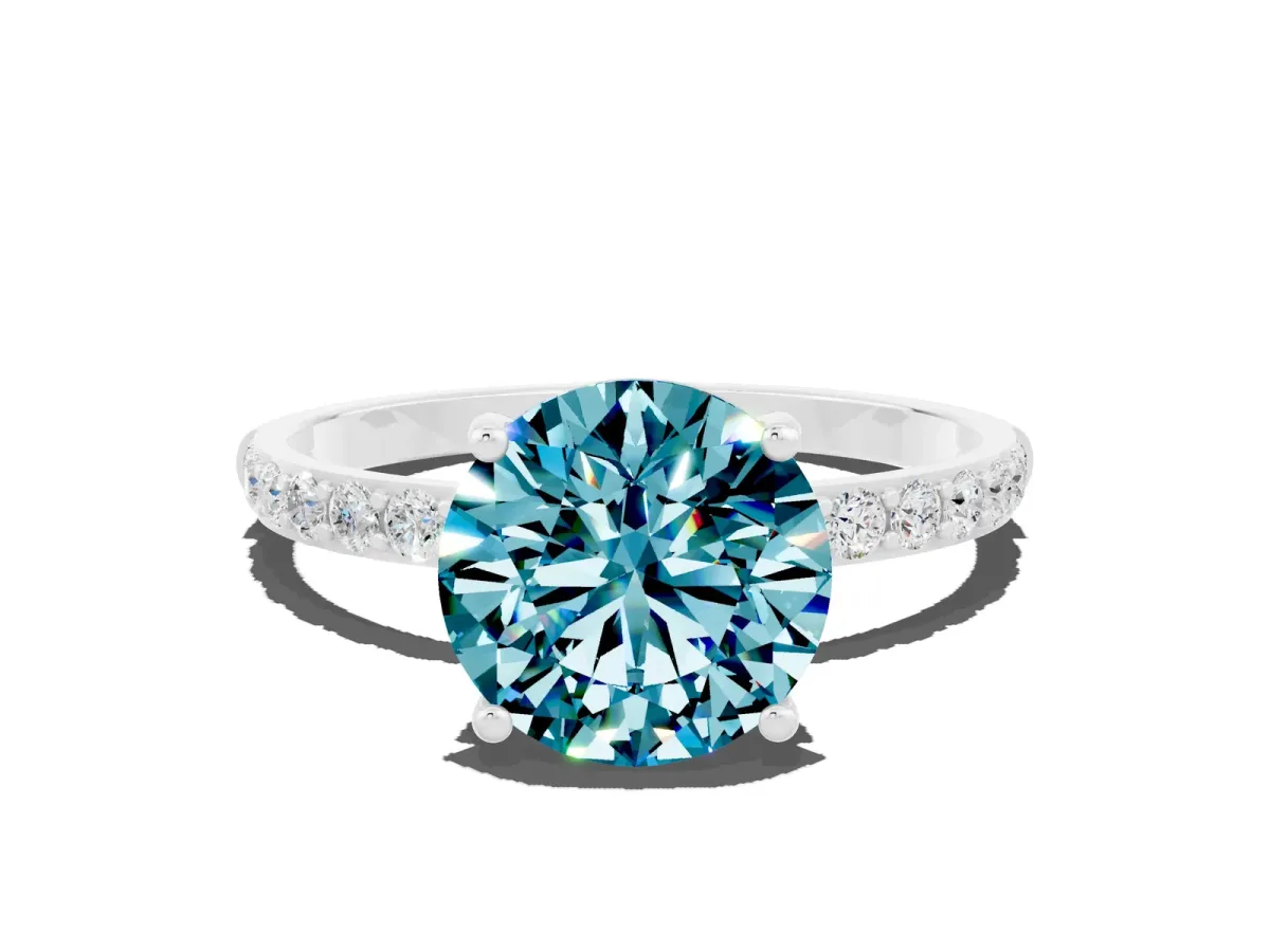Round Cut Blue Topaz Solitaire Ring with Round Pavé Band and Prong Setting Silver