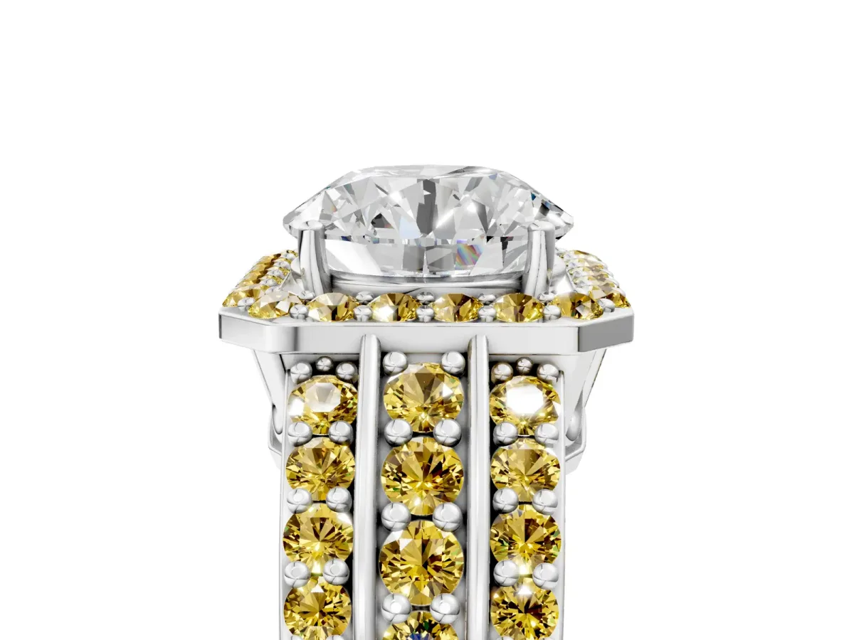 Round Cut Halo Diamond Ring with Round Yellow Sapphire Split Shank and Prong Setting Silver