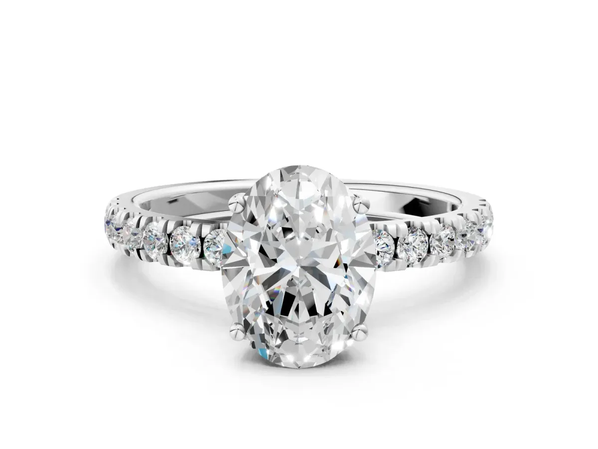 Oval Cut Diamond Pave Band Solitaire Ring with Round and Prong Setting Silver