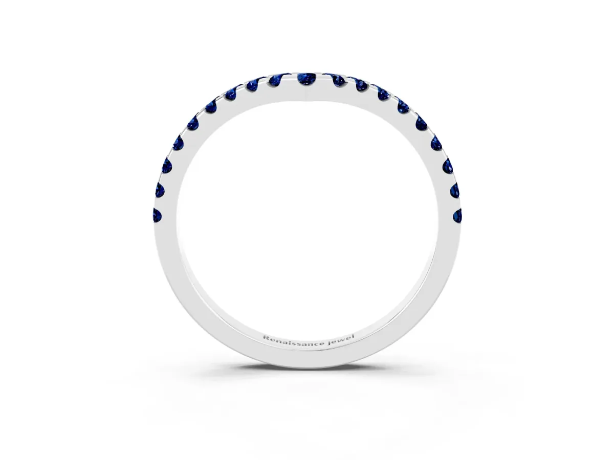 Pavé Round Blue Sapphire Chevron Band with Shared Prong Setting Platinum