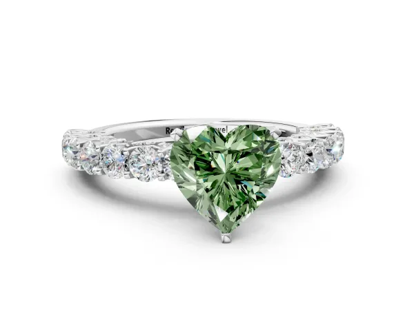 Fancy Green Heart Cut Diamond Solitaire Ring with Shared Prong Pavé Band and Four-Prong Setting Platinum