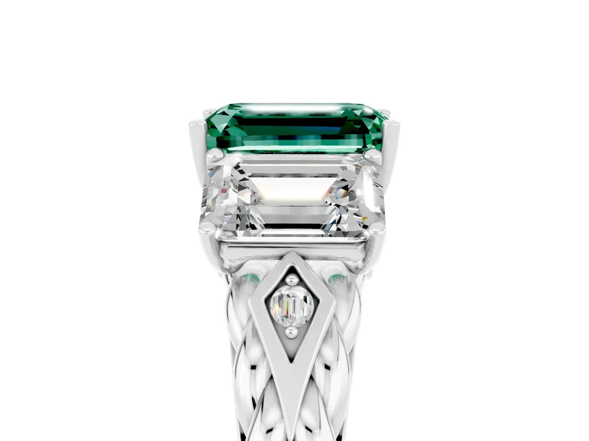 Three-Stone Emerald Cut Green Sapphire Braided Band Ring with Four-Prong Setting Silver