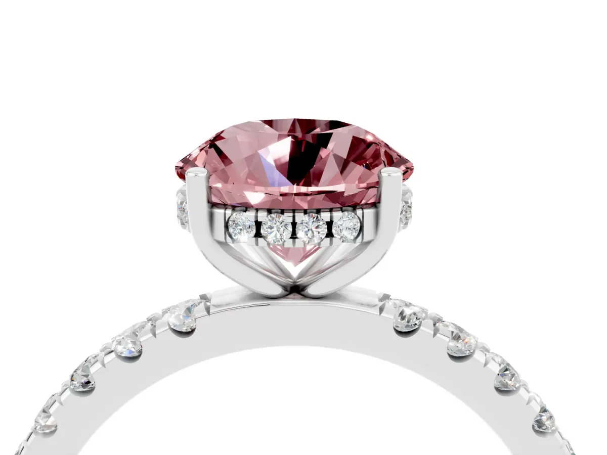 Round Cut Morganite Pave Band Solitaire Ring with Round and Prong Setting Platinum