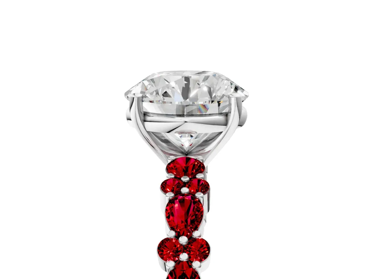 Round Cut Diamond Side Stone Solitaire Ring with Round Ruby and Four-Prong Setting Platinum