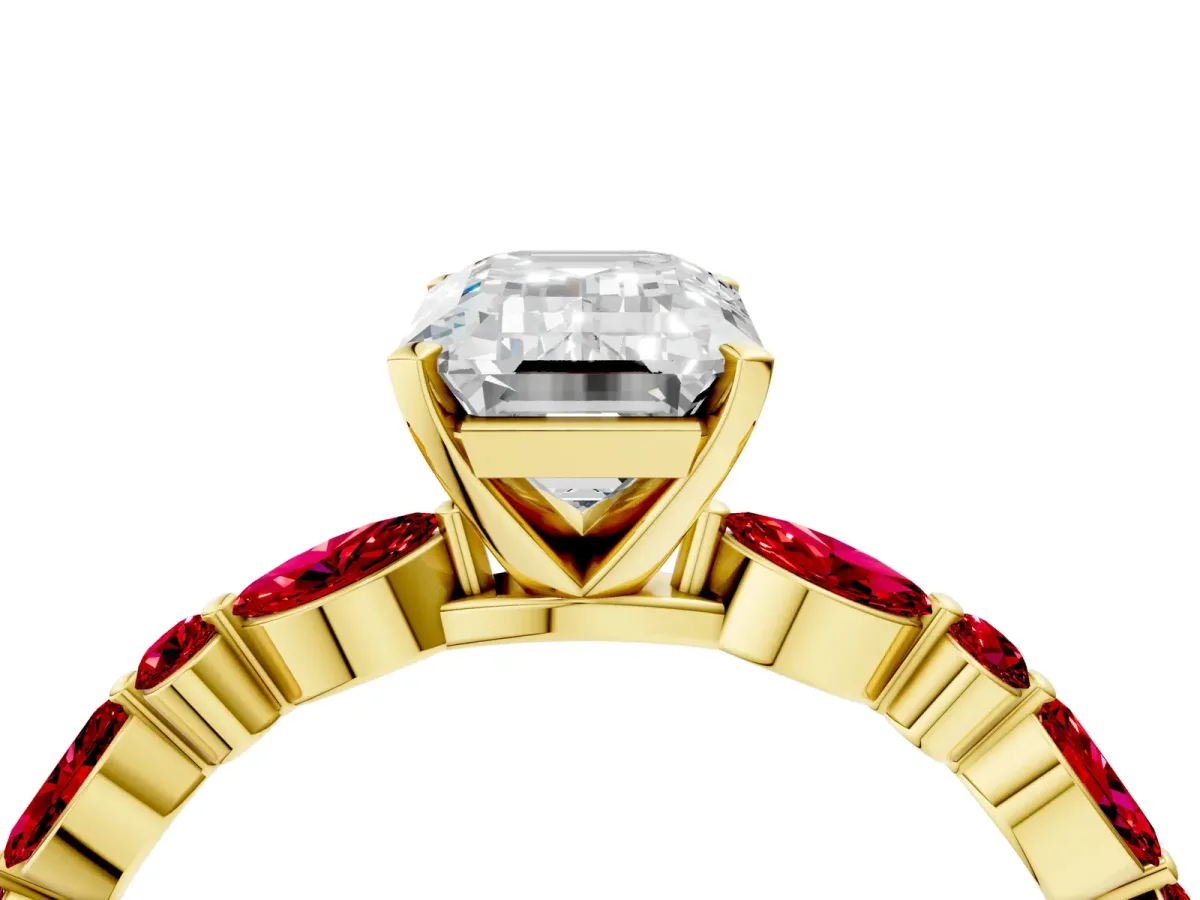 Emerald Cut Diamond Ring with Marquise and Round Ruby Side Stones and Four-Prong Setting Yellow gold