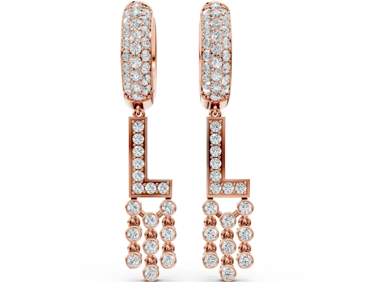 Round Diamond Initial L Huggie Hoop Earrings Rose gold