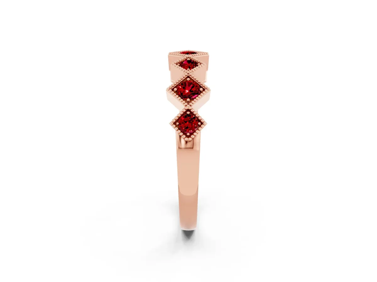 Milgrain Square Bezel Round Ruby Chevron Band Rose gold