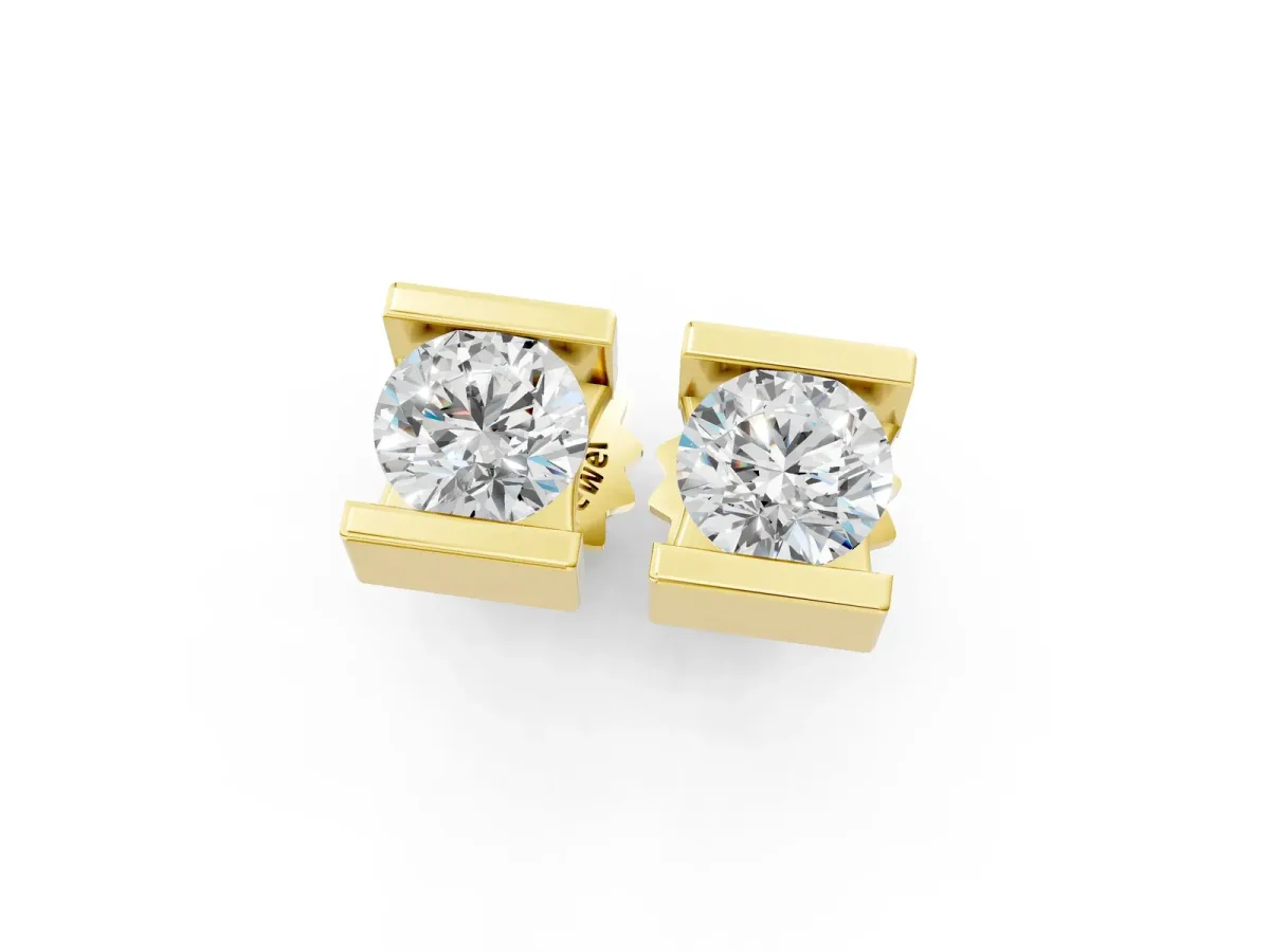 Bar Set Round Diamond Stud Earrings in White Gold Yellow gold
