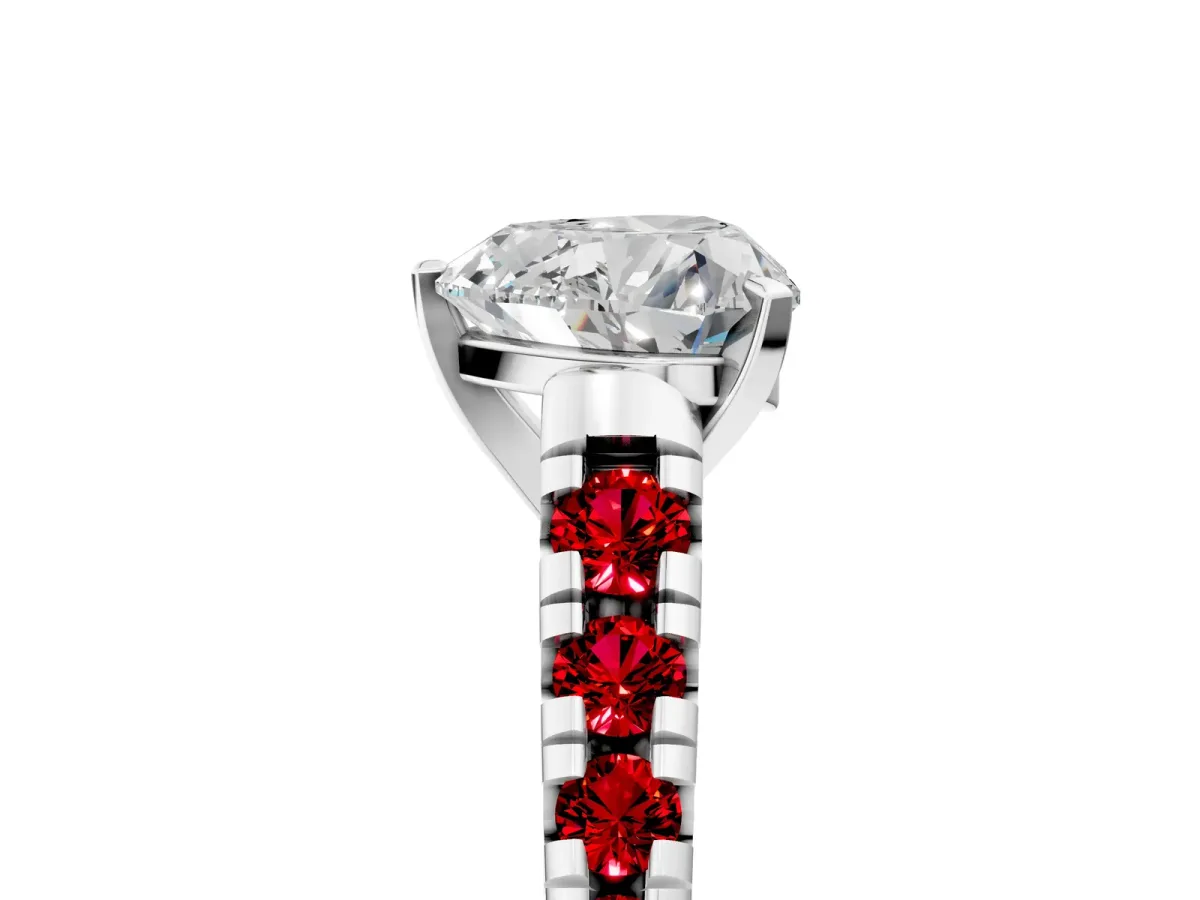 Heart Cut Diamond Cathedral Solitaire Ring with Round Ruby Pavé Band Platinum