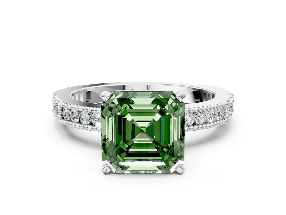 Fancy Green Asscher Cut Solitaire with Pavé Band and Four-Prong Setting Silver