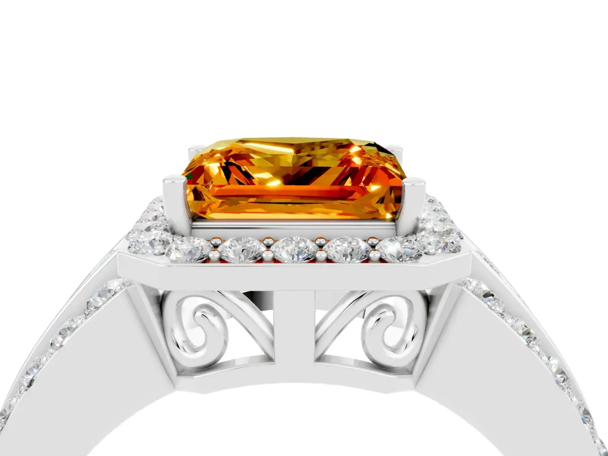 Princess Cut Halo Citrine Ring with Round Split Shank and Prong Setting Platinum