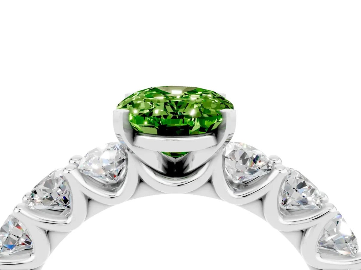 Oval Cut Peridot Prong Setting with Side Stones on a Pave Band Platinum
