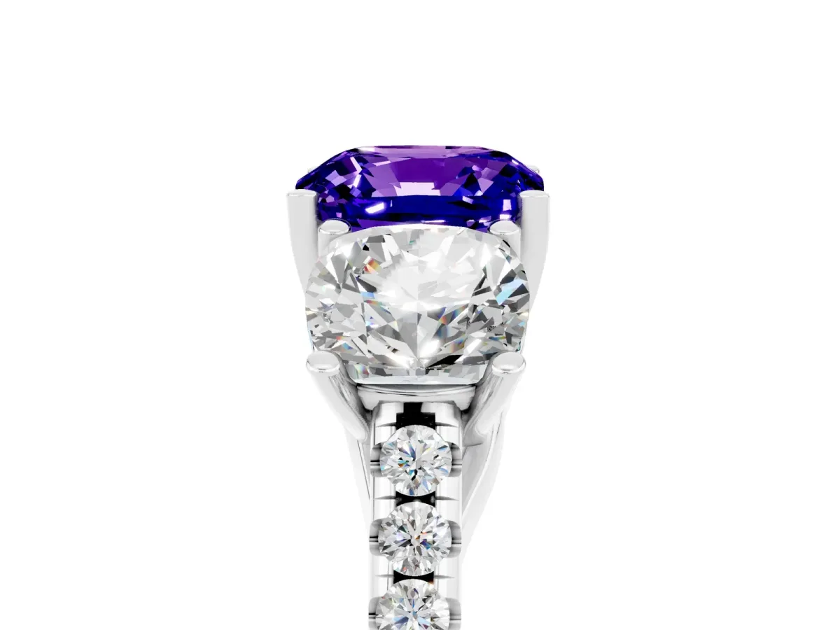 Three-Stone Cushion Cut Tanzanite Ring with Round Pavé Band and Prong Setting Silver