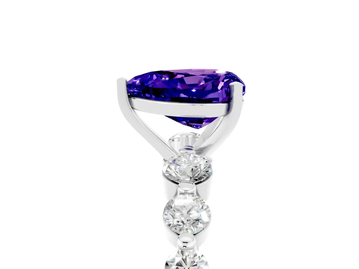 Heart Cut Solitaire Tanzanite Ring with Pave Band and Four-Prong Setting Silver