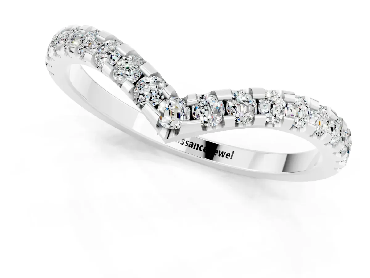 Pavé Round Moissanite Chevron Band with Shared Prong Setting White gold