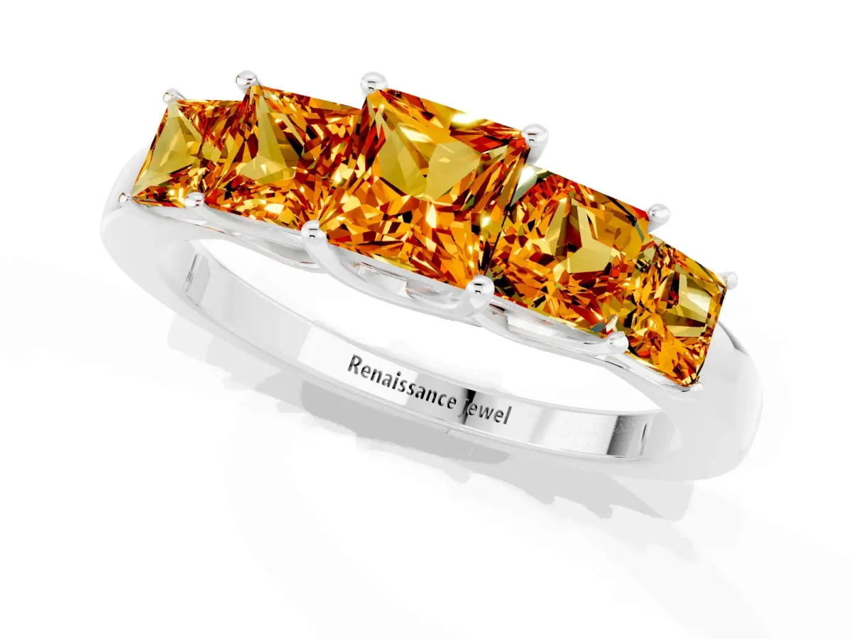Princess Cut Five-Stone Citrine Ring with Classic Prong Setting Silver