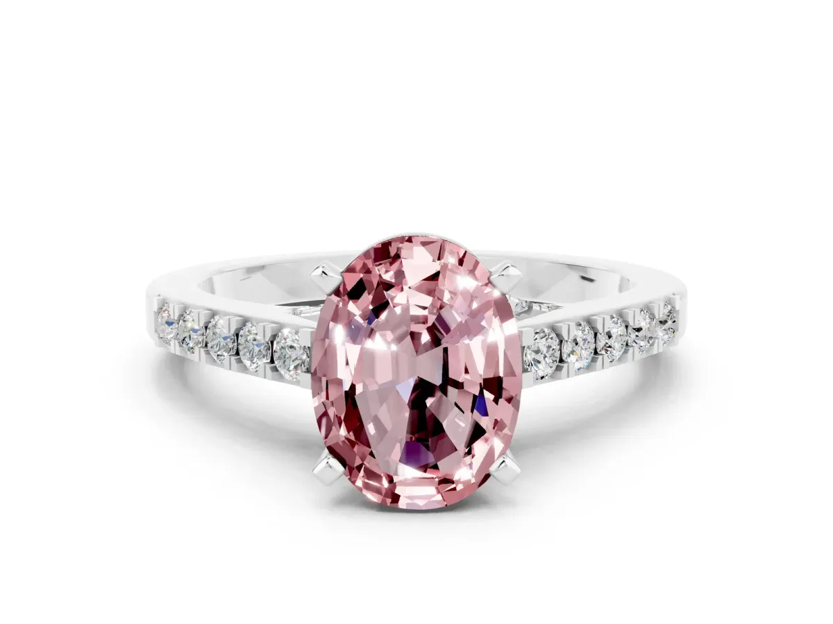 Oval Cut Morganite Solitaire Ring with Crossover Gallery and Round Pavé Band Silver