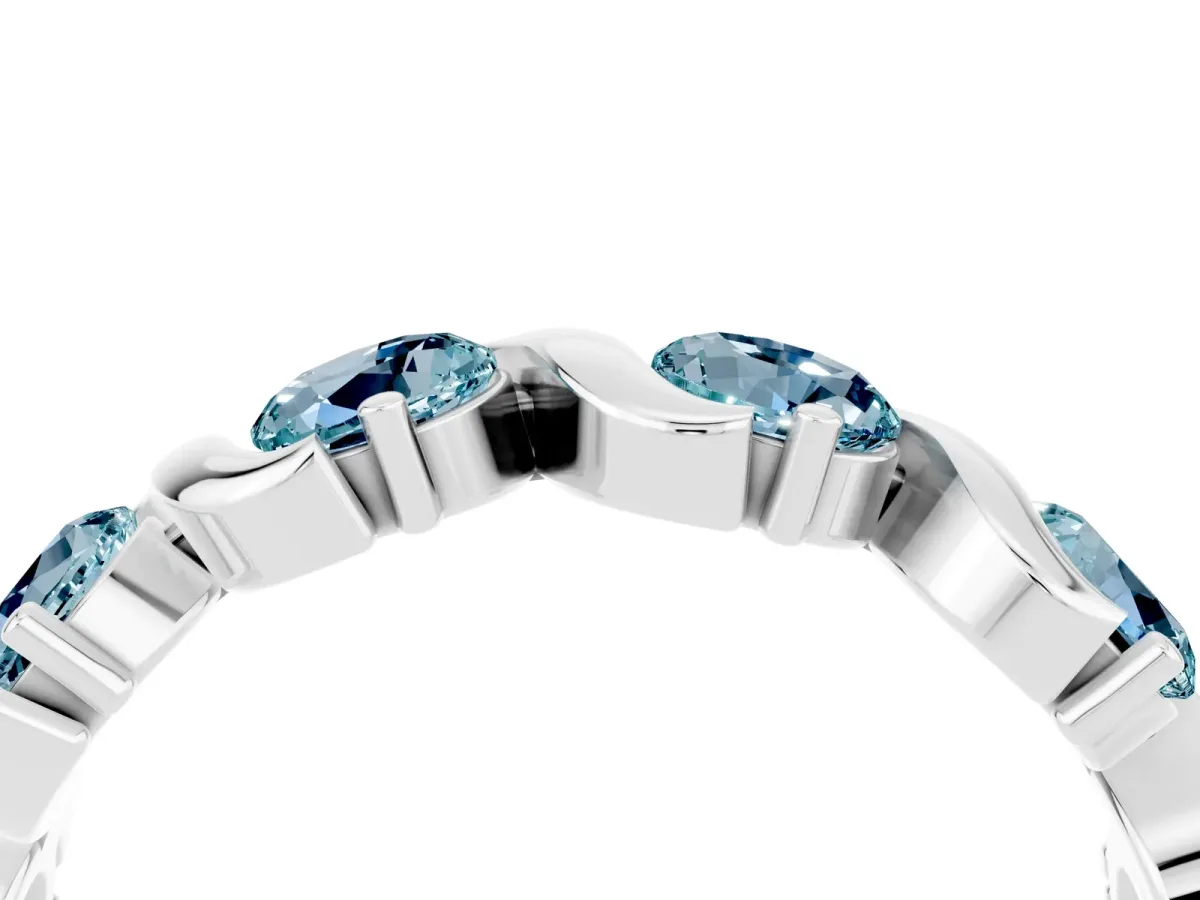 Round Aquamarine Half Eternity Band with Wave Prong Setting Platinum