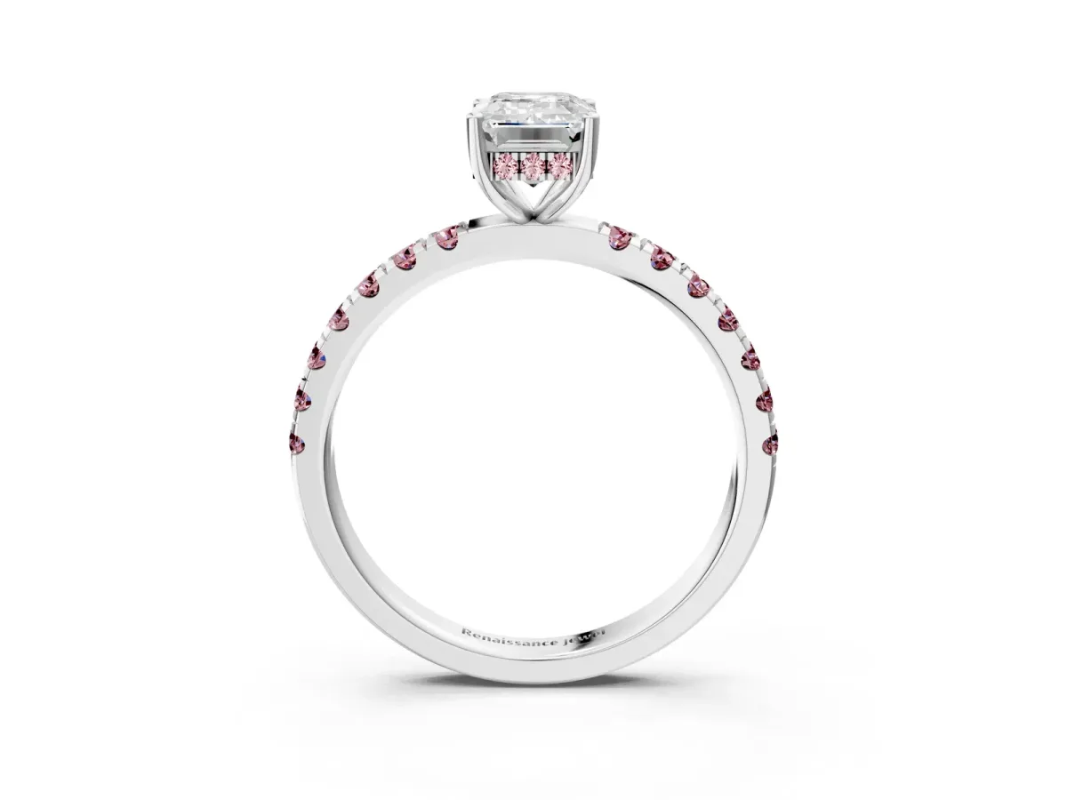 Emerald Cut Diamond Pave Band Solitaire Ring with Round Morganite and Prong Setting Platinum