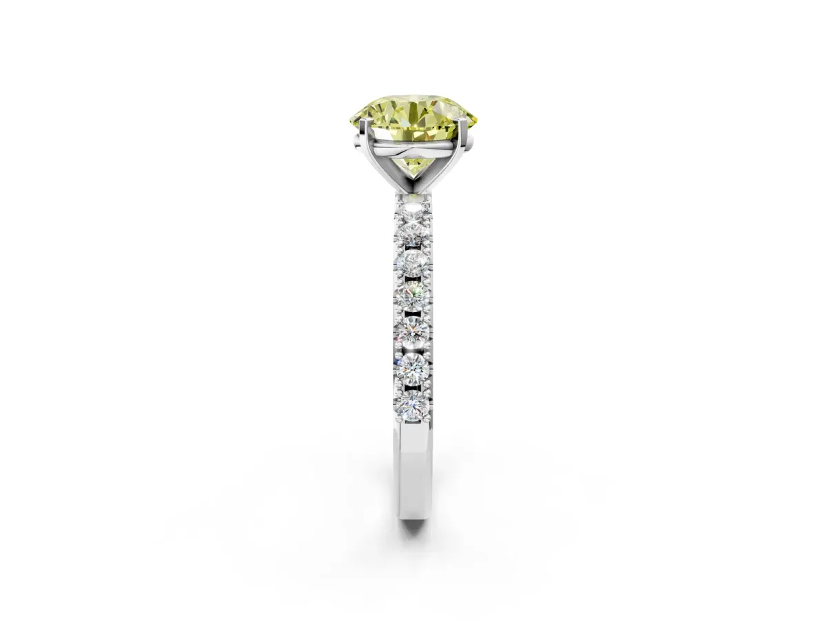 Fancy Yellow Round Cut Diamond Solitaire Pavé Band with Four-Prong Setting Silver