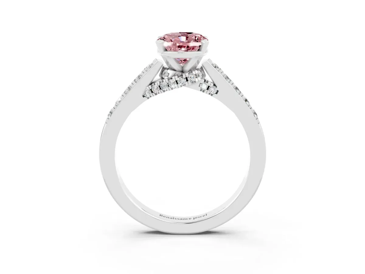 Oval Cut Morganite Solitaire Ring with Crossover Gallery and Round Pavé Band Silver