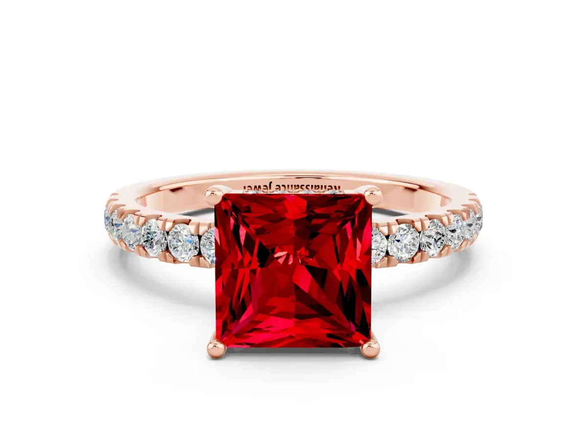 Princess Cut Ruby Pave Band Solitaire Ring with Round and Prong Setting Rose gold