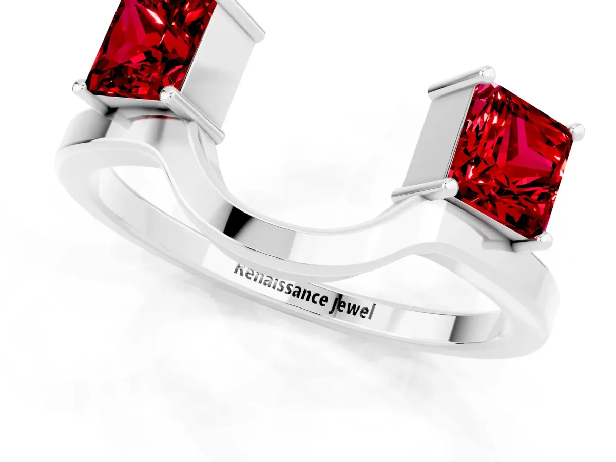 Princess Cut Ruby Two-Stone Open Band Ring with Four-Prong Setting Platinum