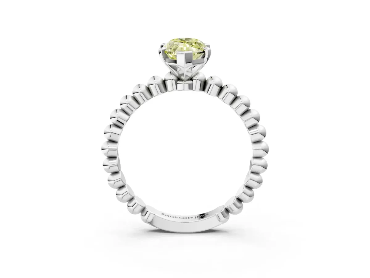 Fancy Yellow Marquise Cut Diamond Solitaire Ring with Beaded Band and Prong Setting Silver