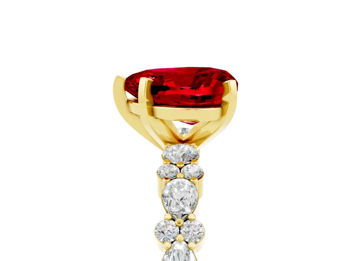 Heart Cut Ruby Side Stone Solitaire Ring with Round and Four-Prong Setting Yellow gold