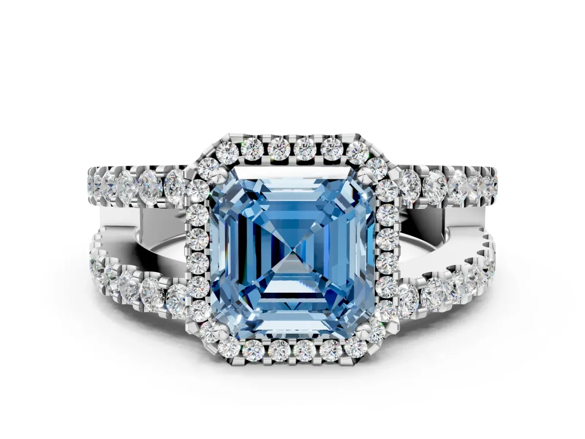 Fancy Blue Asscher Cut Cut Halo Split Shank Diamond Ring with Four-Prong Setting Platinum