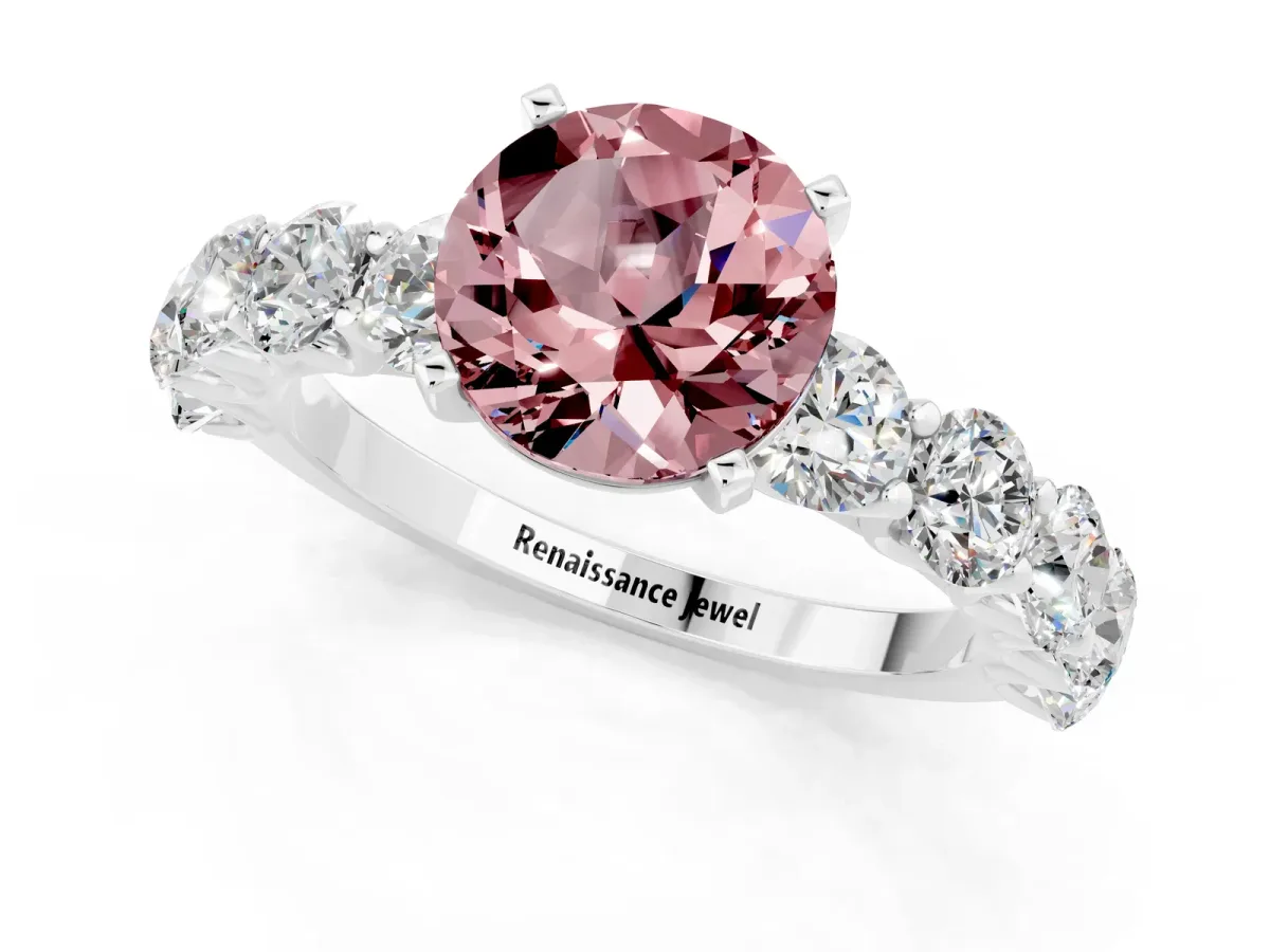 Round Cut Morganite Prong Setting with Side Stones on a Pave Band Silver
