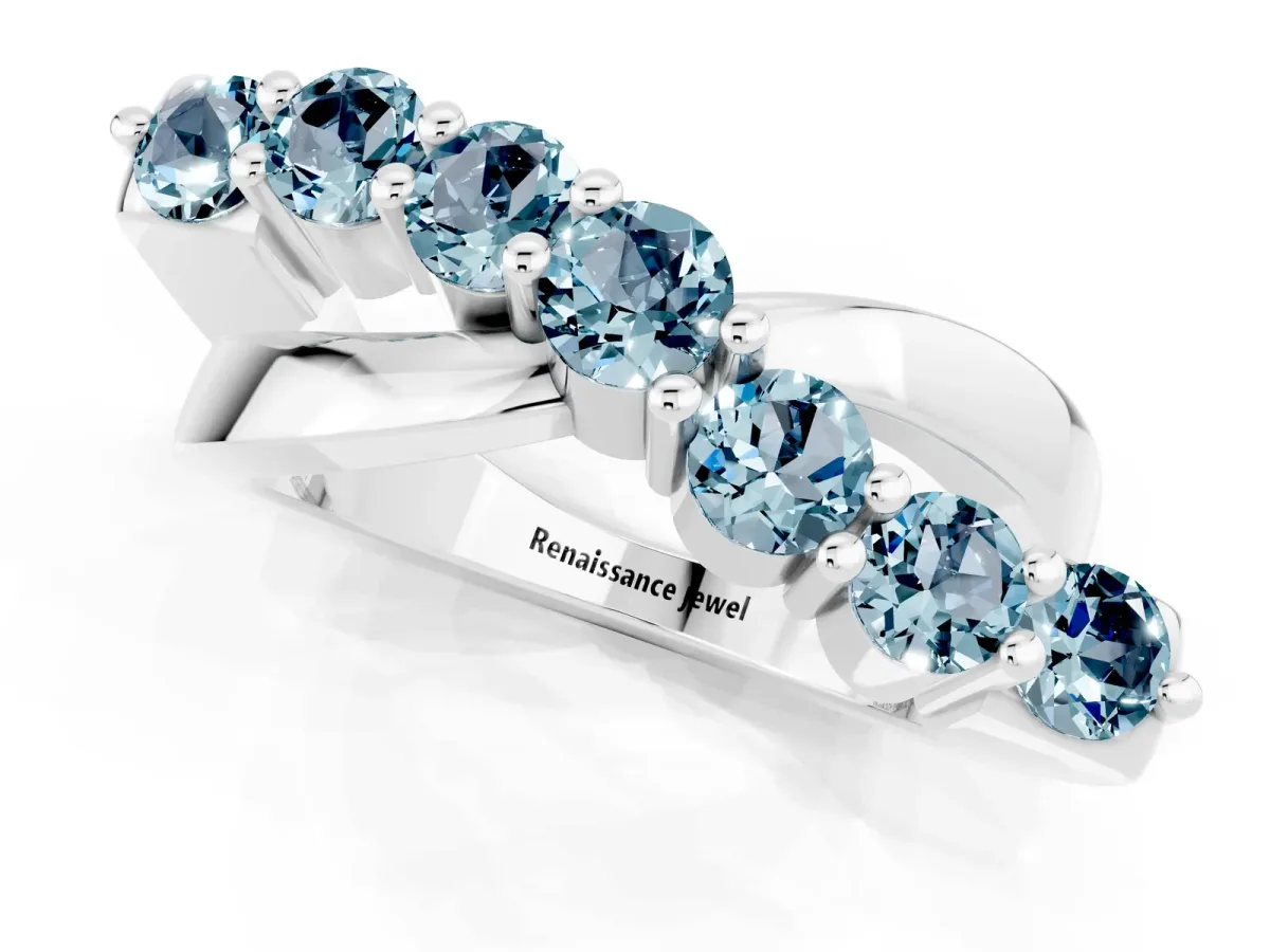 Round Aquamarine Prong-Set Crossover Band Silver