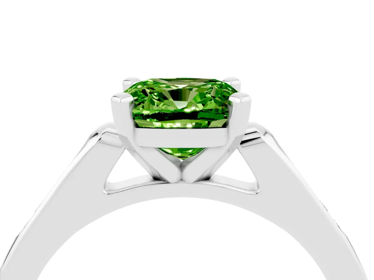 Cushion Cut Peridot Solitaire Ring with Channel Set Round Band and Prong Setting Silver