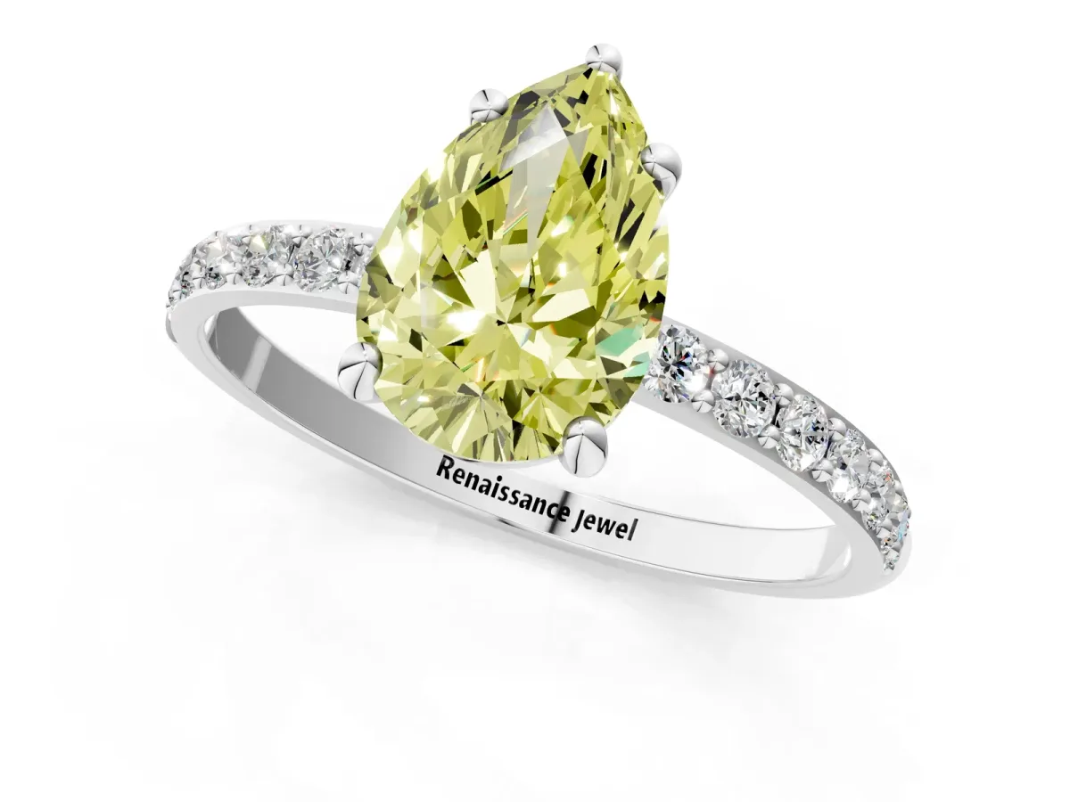 Fancy Yellow Pear Cut Diamond Solitaire Ring with Round Pavé Band and Prong Setting Silver