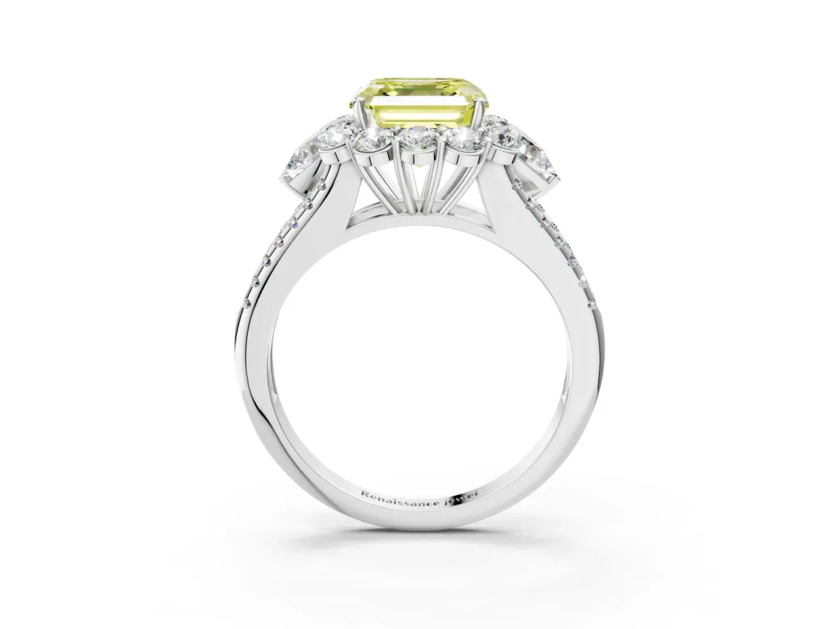 Fancy Yellow Asscher Cut Halo Split Shank Diamond Engagement Ring with Prong Setting Platinum
