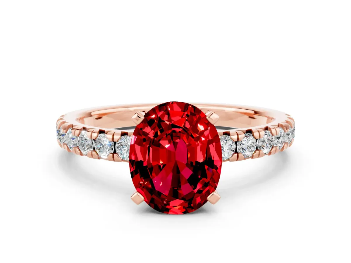 Oval Cut Ruby Solitaire Pavé Engagement Ring with Round Band and Prong Setting Rose gold
