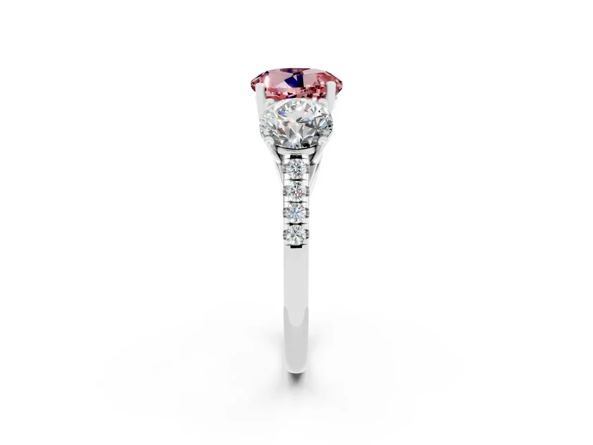 Three-Stone Round Cut Morganite Ring with Round Pavé Band and Prong Setting Silver