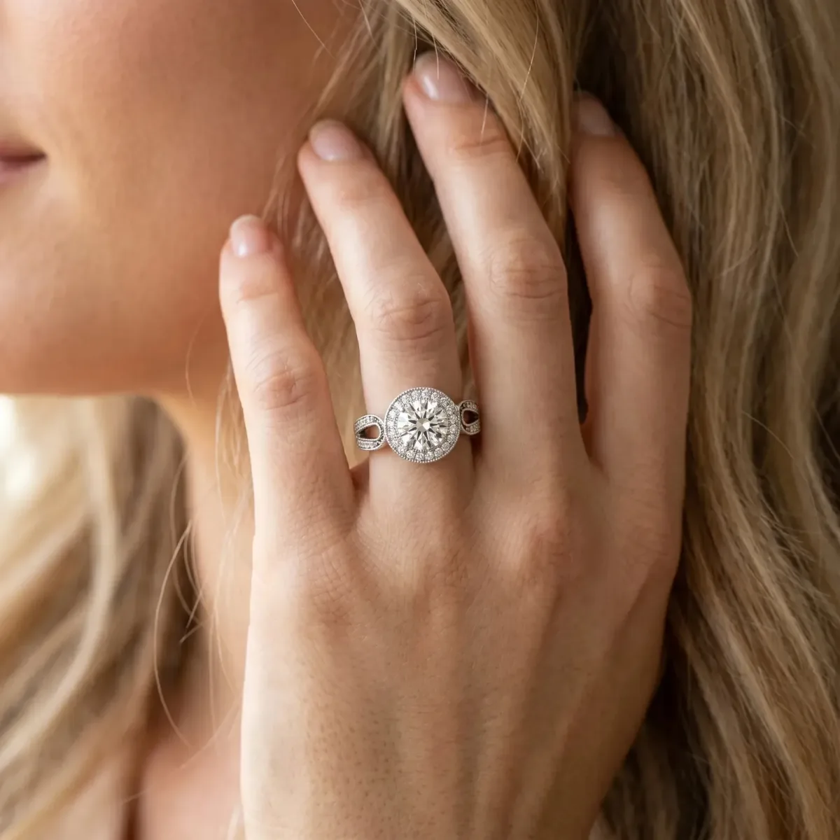 Round Cut Halo Split Shank Milgrain Diamond Ring Platinum