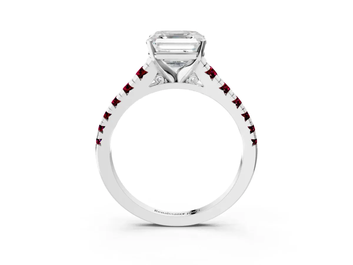 Asscher Cut Diamond Cathedral Solitaire Ring with Round Garnet Pavé Band Silver