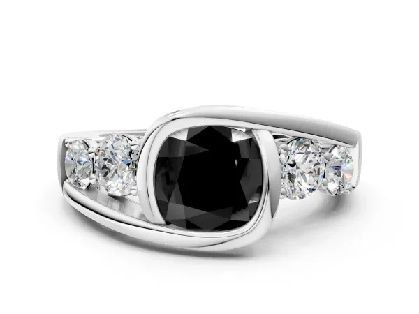 Fancy Black Bezel Set Cushion Cut Diamond Bypass Ring with Round Accents Platinum