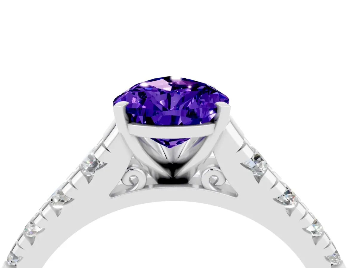 Pear Cut Tanzanite Cathedral Solitaire Ring with Round Pavé Band Silver