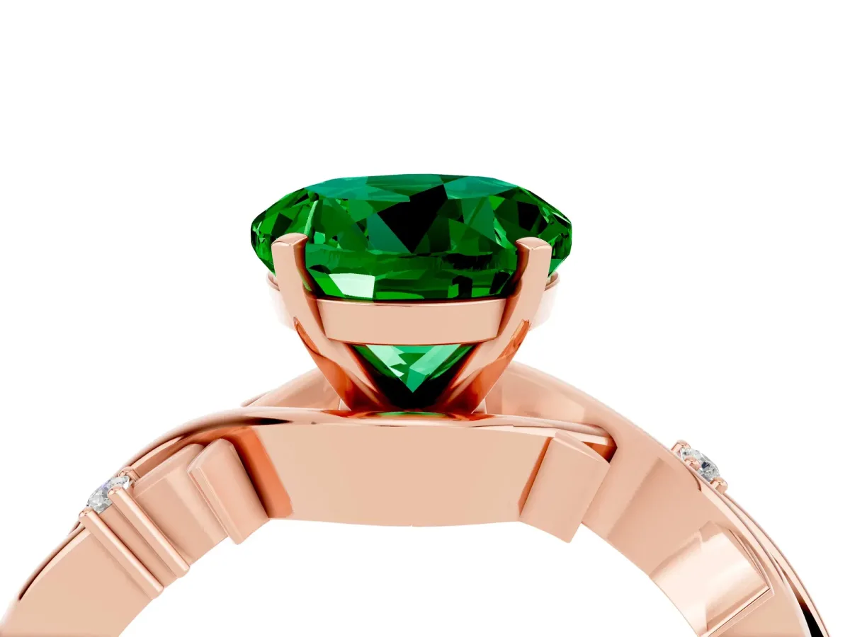 Round Cut Emerald Solitaire Ring with Twisted Band and Prong Setting Rose gold